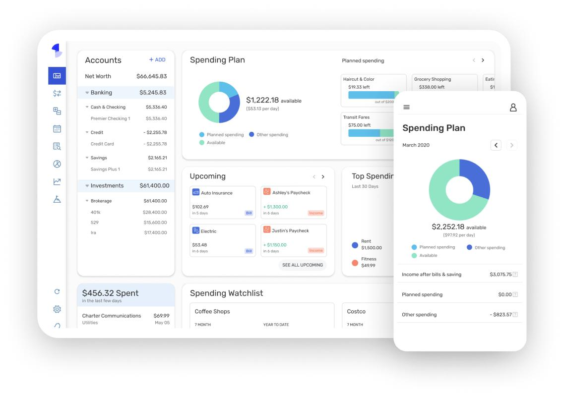 Quicken Classic desktop dashboard with accounts, spending plan, and watchlist